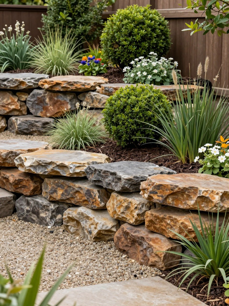 Image Prompt: A premium backyard landscape with a natural boulder retaining wall holding a raised garden bed, layered shrubs, flowers, grasses, gravel path below, warm and elegant outdoor design, realistic DSLR photo quality, no people, no watermarks on images.