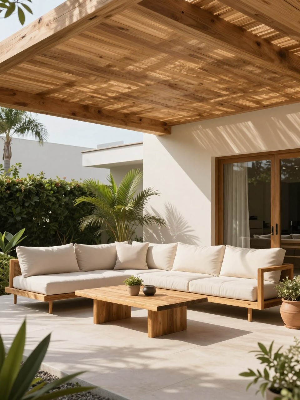 Image Prompt: A modern patio with a natural wood slat roof extension, filtered sunlight creating soft shadows on the patio floor, outdoor sofa with cream cushions, low wooden coffee table, potted plants, warm minimalist backyard setting, clean modern home exterior, no people, realistic DSLR image, no text, no watermarks on images.