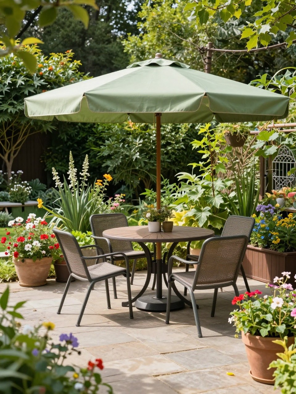Image Prompt: A lively garden patio with a soft green patio umbrella over a round table, mixed outdoor chairs, flowering planters, stone paver floor, lush garden border, cheerful backyard setting, bright natural daylight, no people, realistic DSLR image, no text, no watermarks on images.