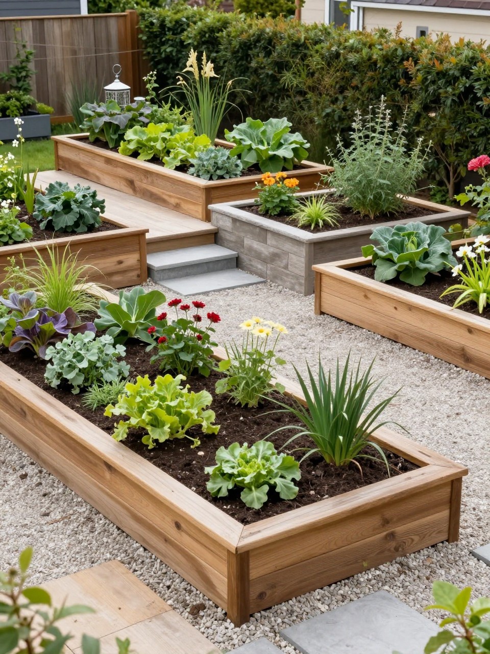 Image Prompt: A beautiful tiered home garden with raised planting beds on both levels, neat wood and stone edging, vegetables, flowers, herbs, gravel paths, small patio corner, practical and stylish backyard layout, realistic DSLR photo quality, no people, no watermarks on images.