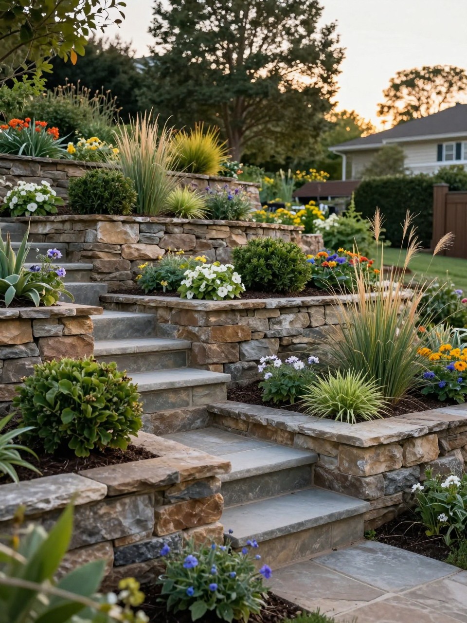 Image Prompt: A beautiful slanted backyard transformed with tiered garden beds, natural stone retaining walls, layered flowers, shrubs, ornamental grasses, stone steps connecting each level, warm evening light, premium hillside garden design, realistic DSLR photo quality, no people, no watermarks on images.