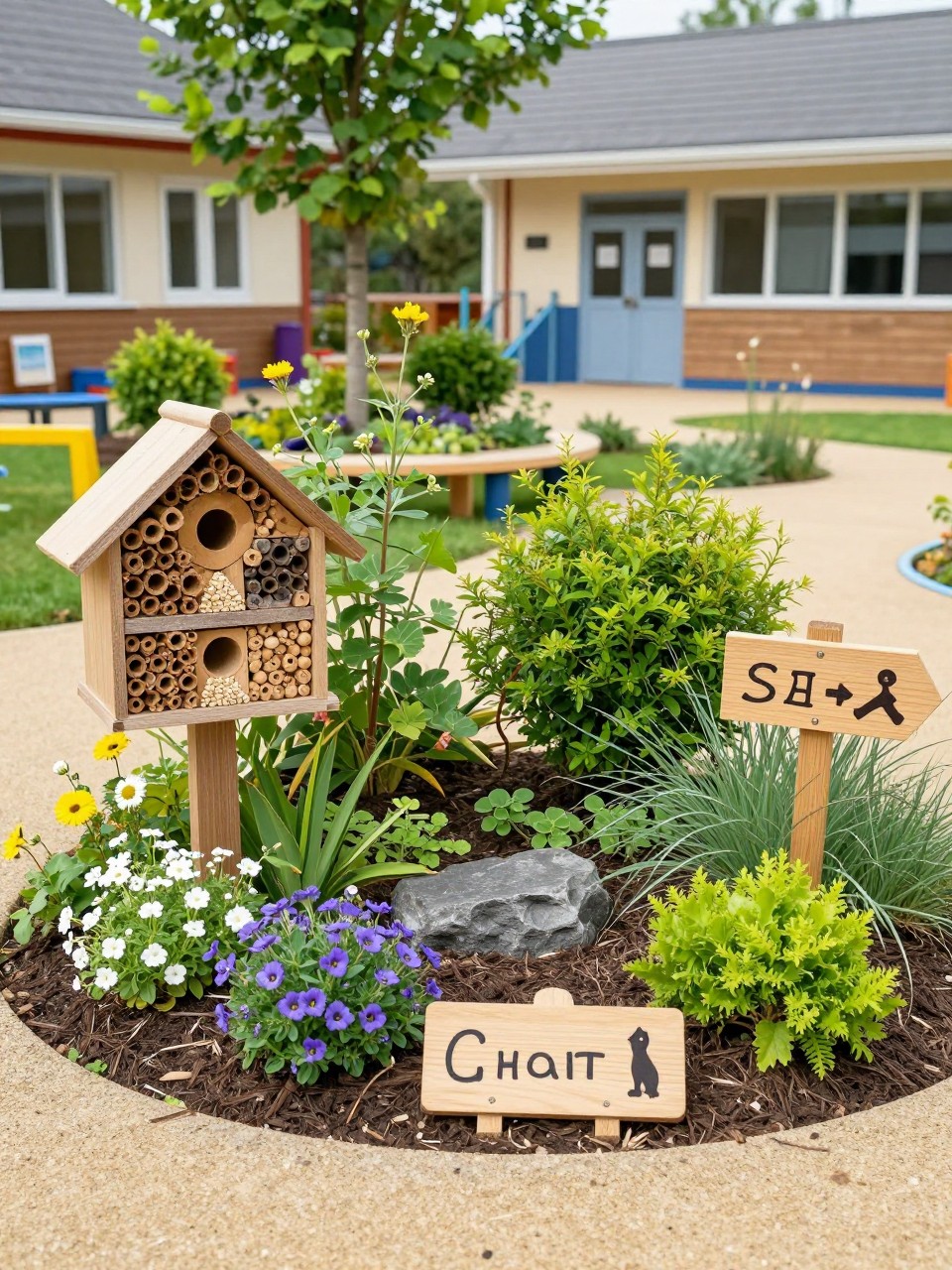 Image Prompt: A charming school garden wildlife corner with a bug hotel, bird feeders, native flowers, small shrubs, wooden signs, child-friendly nature habitat area, beautiful and educational school setting, realistic DSLR photo quality, no watermarks on images.