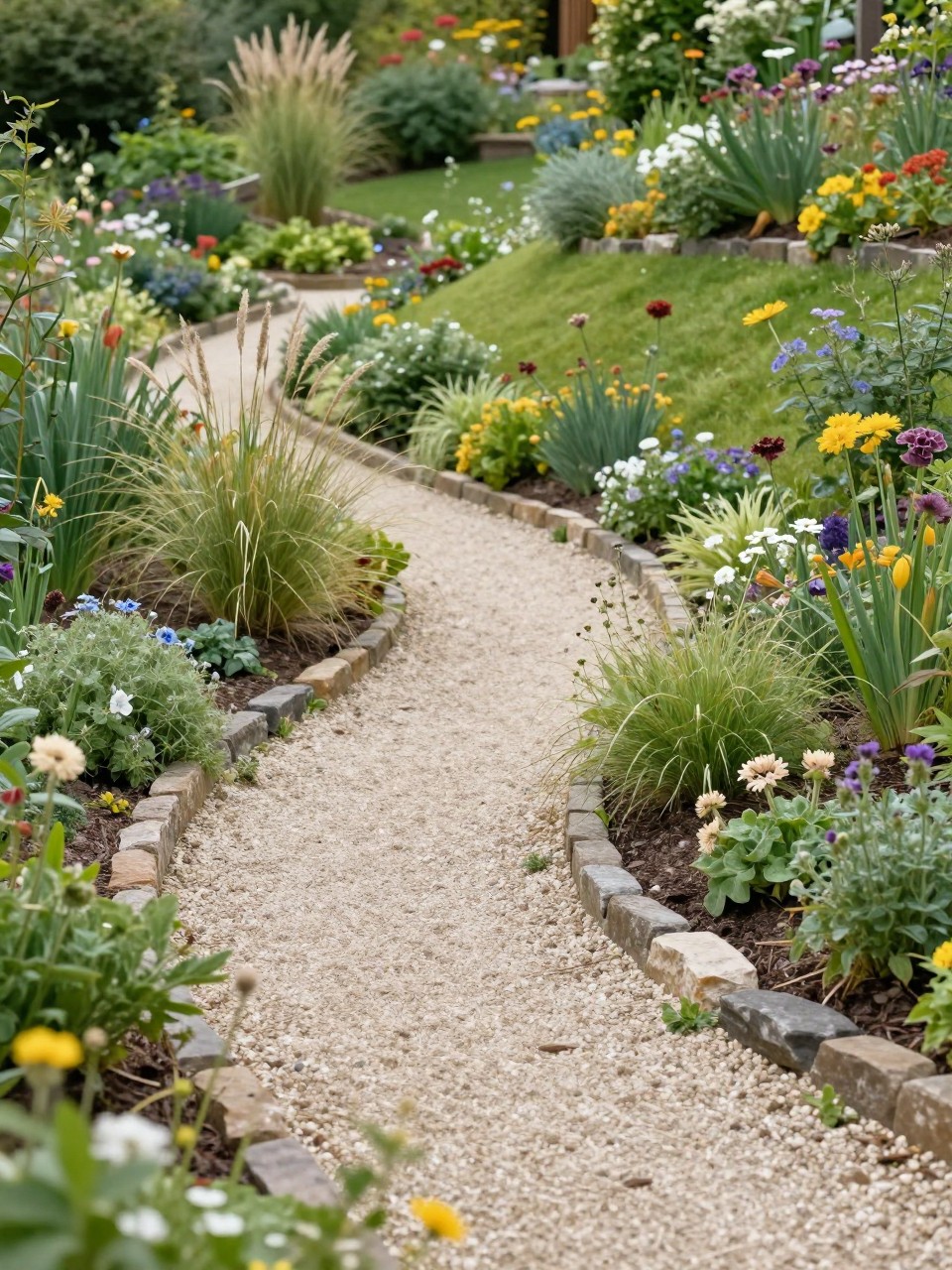 Image Prompt: A beautiful slanted backyard with a curved gravel path winding through the slope, natural stone edging, soft wildflowers, ornamental grasses, small shrubs, relaxed cottage-style hillside garden, realistic DSLR photo quality, no people, no watermarks on images.