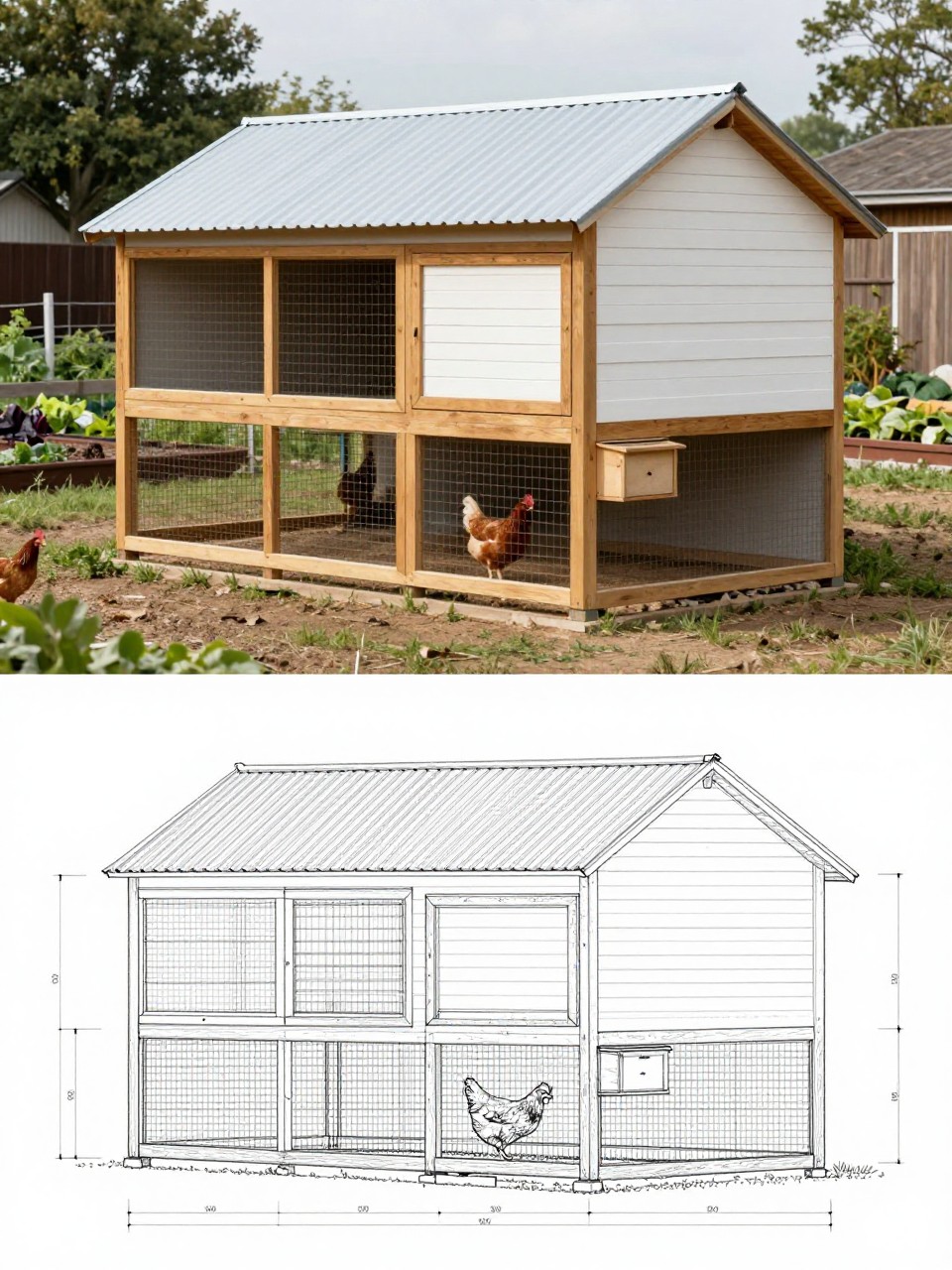 Image Prompt: A vertical 2-collage image. The top half shows a realistic large farmhouse-style chicken coop with white painted siding, natural wood trim, a corrugated metal roof, large secure wire run, full-height door, side nesting boxes, chickens walking inside, and a country backyard with a garden fence and vegetable beds. The bottom half shows the matching farmhouse coop plan in blueprint style, including front elevation, side elevation, roof slope details, run dimensions, nesting box layout, support framing, and measured construction lines. The top finished coop and bottom plan should clearly represent the same design. Realistic and practical, no people, no text, (no watermarks on images).