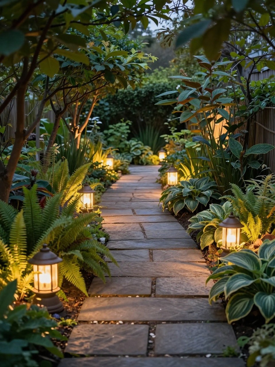 Image Prompt: A charming shady garden path with soft low garden lights, ferns and hostas along the edges, stone stepping path, leafy trees, warm evening glow, cozy and magical low-light garden design, realistic DSLR photo quality, no people, no watermarks on images.