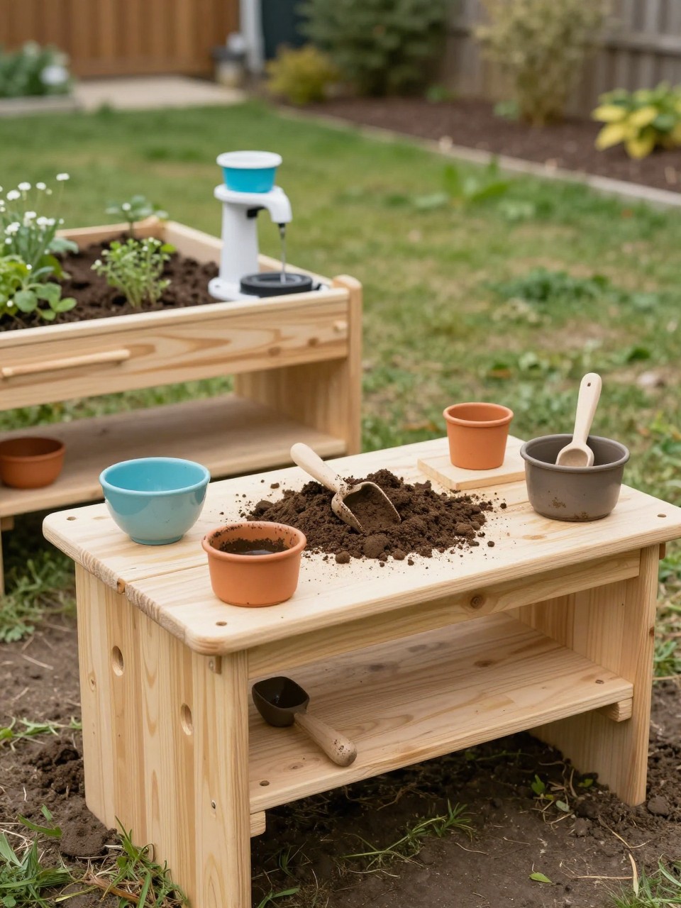 Image Prompt: A playful backyard mud kitchen with child-sized wooden counters, small pots, bowls, scoops, soil, herbs, water station, raised garden bed nearby, natural outdoor learning play area, realistic DSLR photo quality, no people, no watermarks on images.