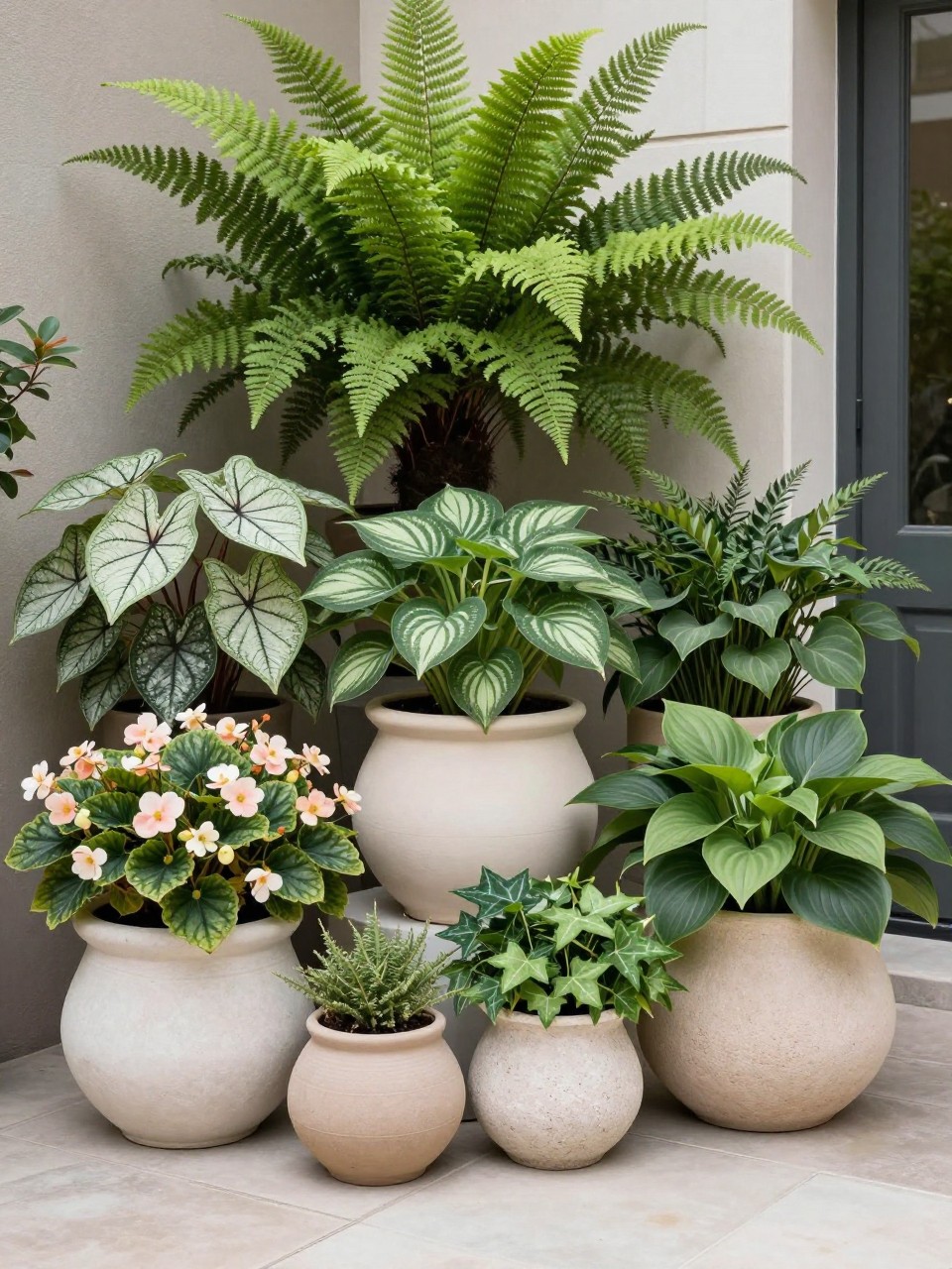 Image Prompt: A stylish shady patio with a cluster of garden pots filled with shade-loving plants, ferns, caladiums, begonias, hostas, ivy, ceramic and stone pots in soft neutral tones, elegant and premium container garden styling, realistic DSLR photo quality, no people, no watermarks on images.