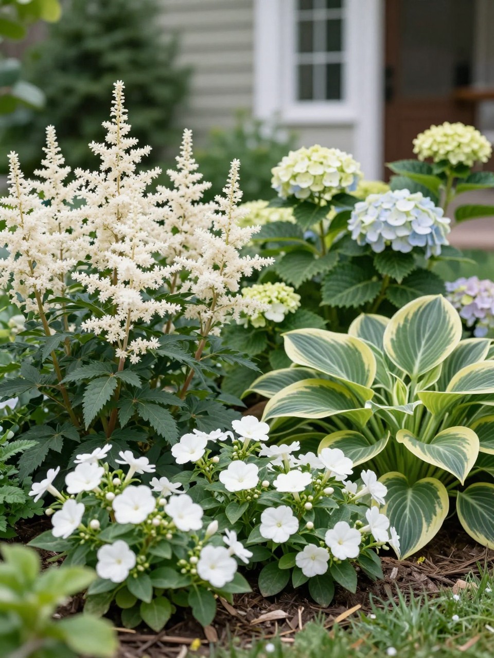 Image Prompt: A beautiful shady garden border with white astilbe, white impatiens, hydrangeas, variegated hostas, dark green foliage, soft mulch, elegant home garden backdrop, fresh and bright low-light planting design, realistic DSLR photo quality, no people, no watermarks on images.