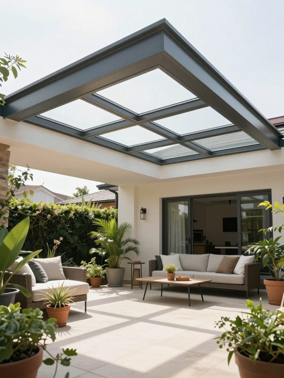 Image Prompt: A beautiful modern patio roof extension with rectangular skylight panels built into the roof, outdoor seating area below, white ceiling, light tile floor, potted greenery, soft natural light streaming through the skylights, airy backyard living space, no people, realistic DSLR photo, no text, no watermarks on images.