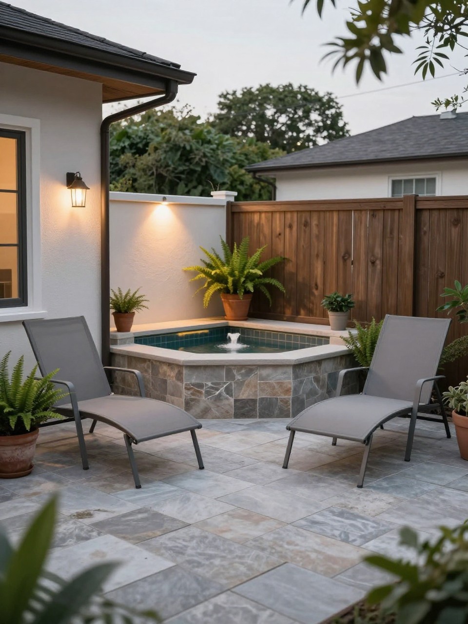 Image Prompt: A small townhouse patio with a compact corner water feature, two slim lounge chairs, potted ferns, stone paver floor, soft wall lighting, private fence backdrop, peaceful small outdoor retreat, no people, realistic DSLR image, no text, no watermarks on images.