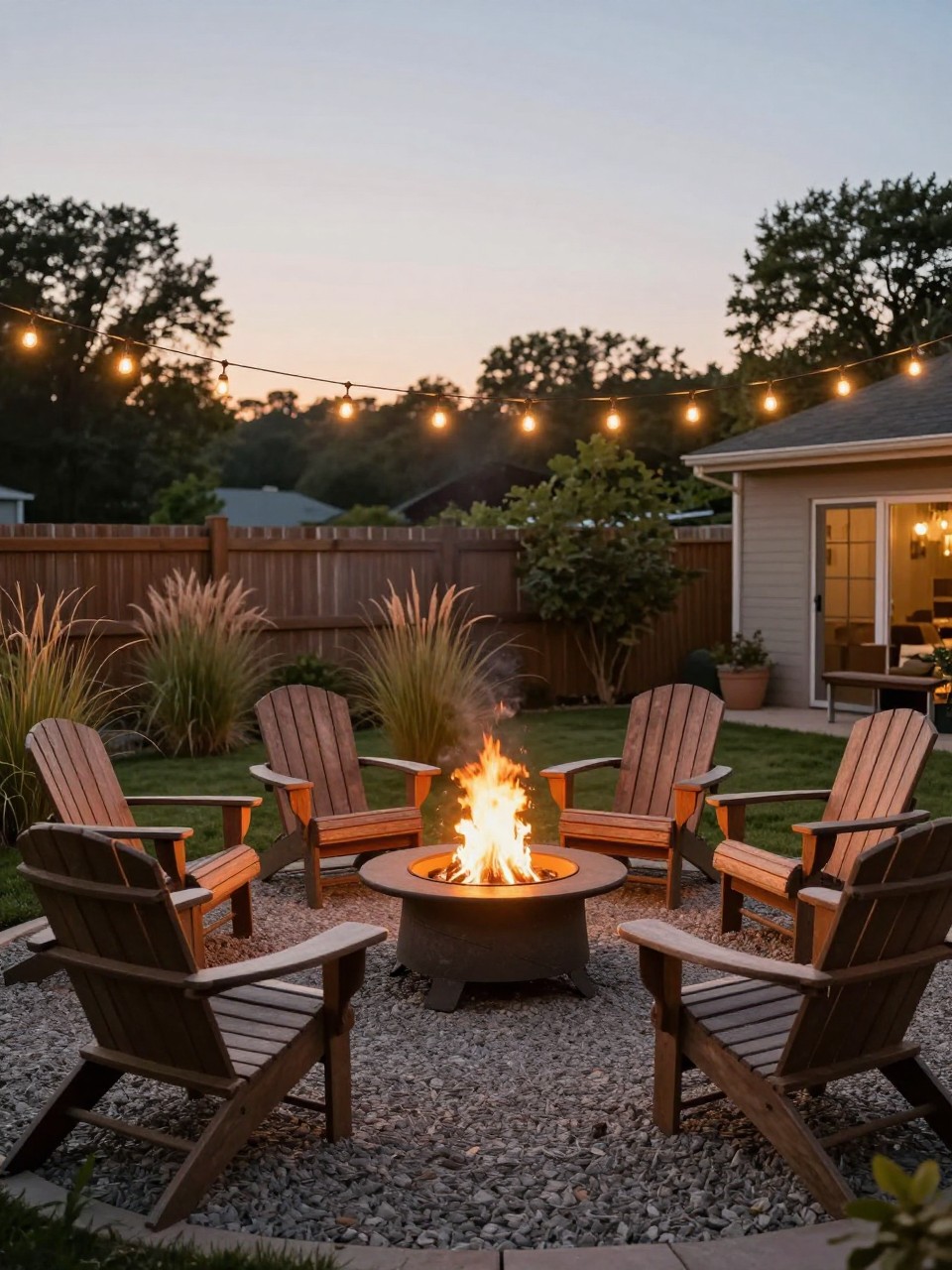 Image Prompt: A cozy backyard fire pit area with warm string lights hanging overhead, circular gravel patio, Adirondack chairs, central fire pit, ornamental grasses, soft evening sky, rustic premium outdoor gathering space, realistic DSLR photo quality, no people, no watermarks on images.