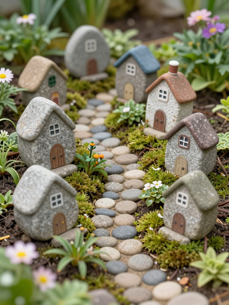 Image Prompt: A whimsical mini rock village in a garden bed, painted stones turned into tiny houses, small pebble paths, moss, tiny plants, soft flowers, charming fairy garden style, realistic DSLR photo quality, no people, no watermarks on images.