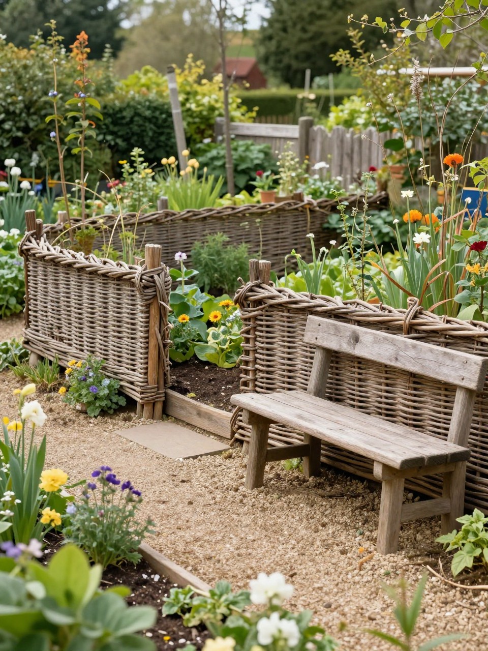 Image Prompt: A charming garden with woven willow hurdle screens, cottage-style flower borders, gravel path, rustic wooden bench, soft greenery, natural handcrafted garden boundary, warm afternoon light, realistic DSLR photo quality, no people, no watermarks on images.
