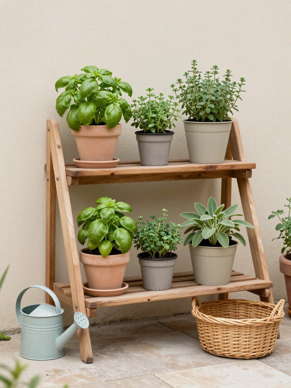 Image Prompt: A lovely patio herb garden arranged on a leaning wooden ladder shelf, small matching pots of basil, parsley, thyme, oregano, sage, and chives, woven basket, small watering can, neutral patio wall, stone floor, clean and cozy small garden setup, realistic DSLR image, no people, no text, no watermarks on images.