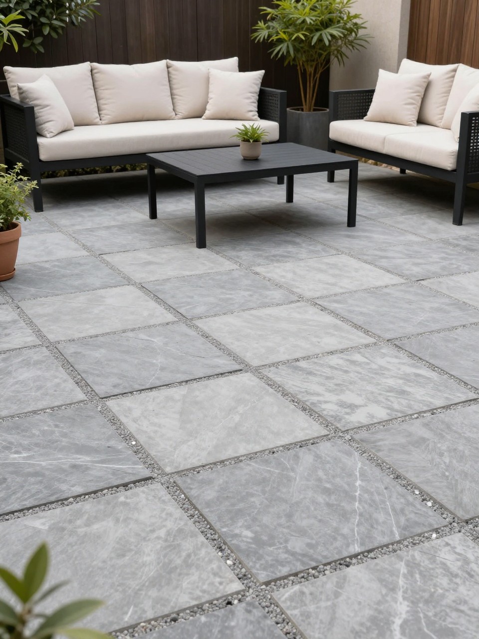 Image Prompt: A stylish flagstone patio with large irregular gray flagstones set with fine pea gravel joints, modern outdoor sofa with cream cushions, black metal coffee table, potted plants, clean backyard landscaping, soft daylight, natural but modern patio design, no people, realistic DSLR photo, no text, no watermarks on images.
