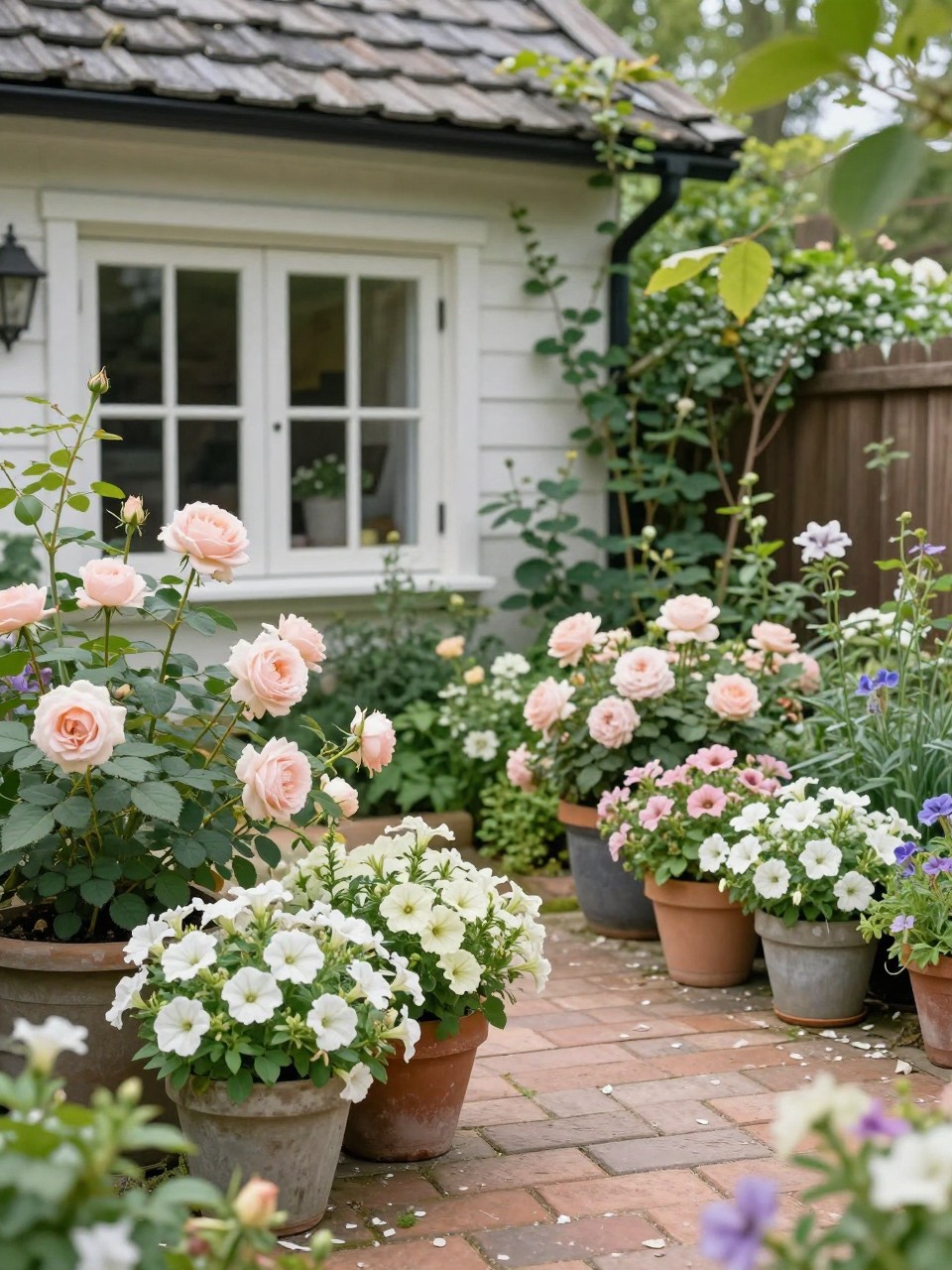 Image Prompt: A charming cottage-style home garden with pretty garden pots filled with roses, petunias, and soft pastel flowers, brick path, lush greenery, romantic and layered outdoor styling, realistic DSLR photo quality, no people, no watermarks on images.