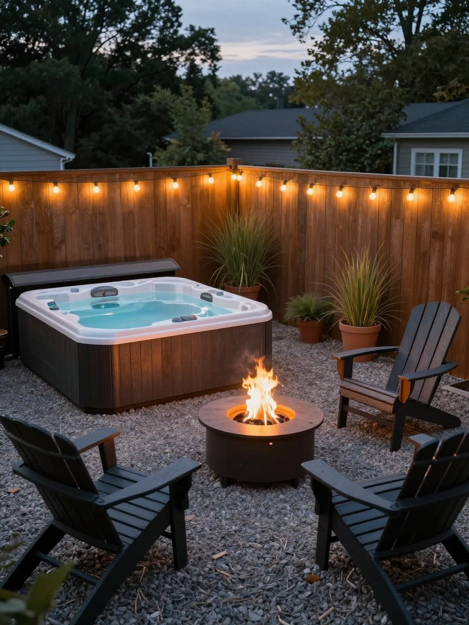 Image Prompt: A budget backyard hot tub patio with a hot tub beside a small round fire pit area, gravel ground, Adirondack chairs, warm string lights, potted grasses, cozy outdoor retreat at dusk, no people, realistic editorial outdoor photo, no text, no watermarks on images.