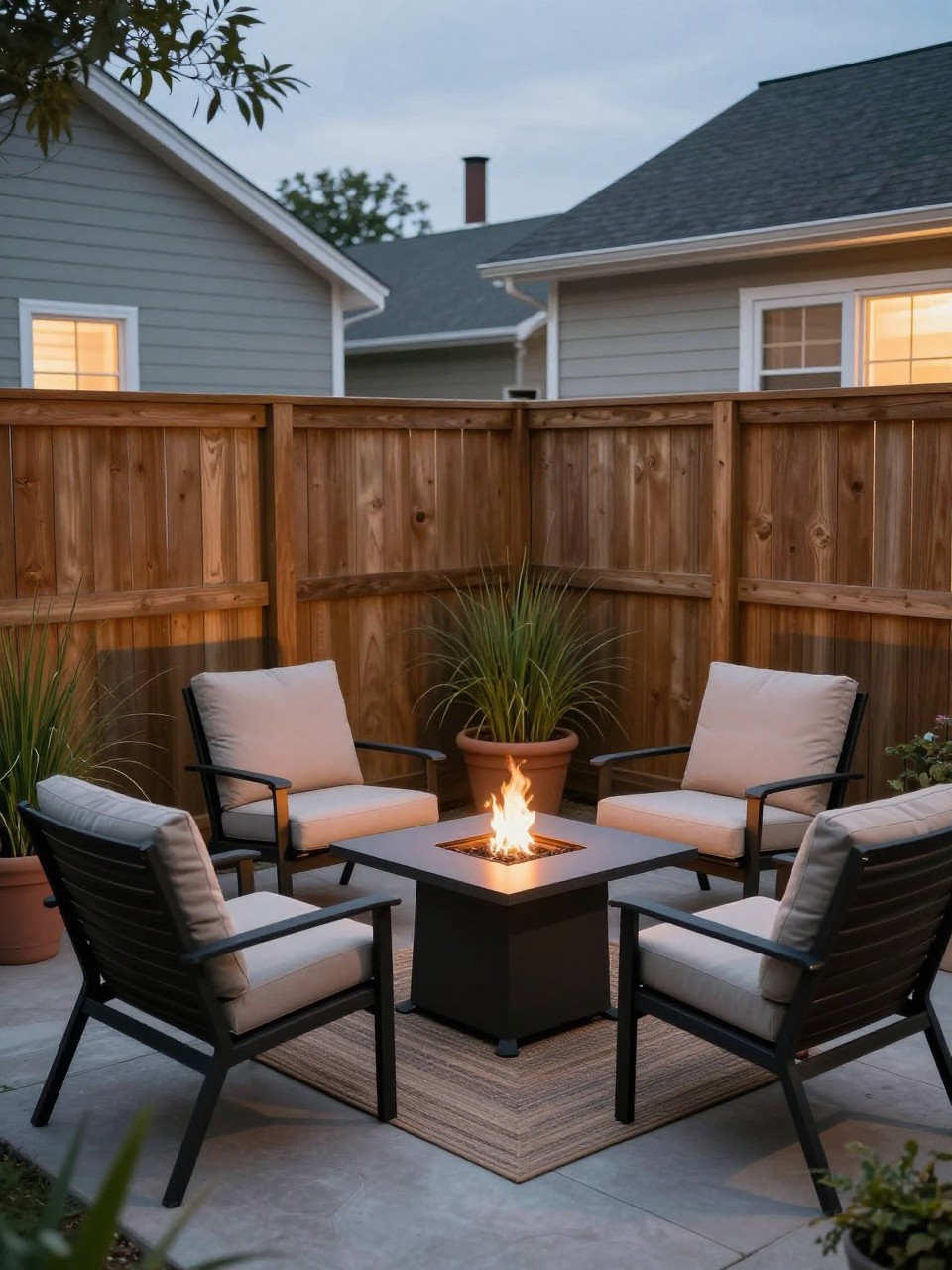 Image Prompt: A tiny townhouse patio with a compact square gas fire table, two cushioned outdoor chairs, small outdoor rug, potted grasses, wood privacy fence, warm evening glow, cozy small-space backyard setup, no people, realistic DSLR photo, no text, no watermarks on images.