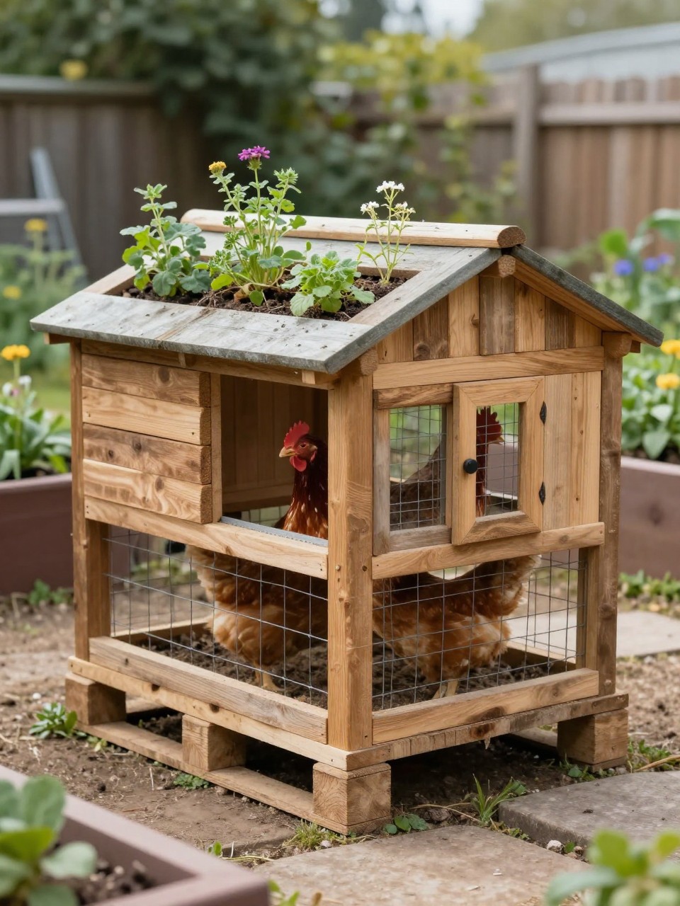 Image Prompt: A creative pallet chicken coop with a shallow planter roof, reclaimed wood siding, small herbs and low flowers growing on the roof, sloped waterproof base under the planter, attached secure wire run, chickens inside, cozy backyard garden with raised beds and stepping stones, eco-friendly rustic DIY look, soft daylight, no people, no text, no watermark.