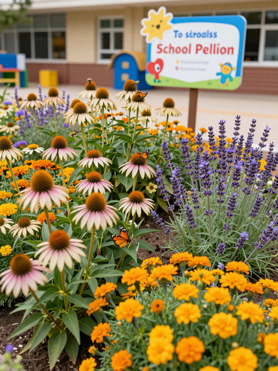 Image Prompt: A vibrant school pollinator garden with echinacea, marigolds, lavender, salvia, butterflies and bees visiting flowers, educational signs, cheerful school setting, colorful and nature-friendly design, realistic DSLR photo quality, no watermarks on images.