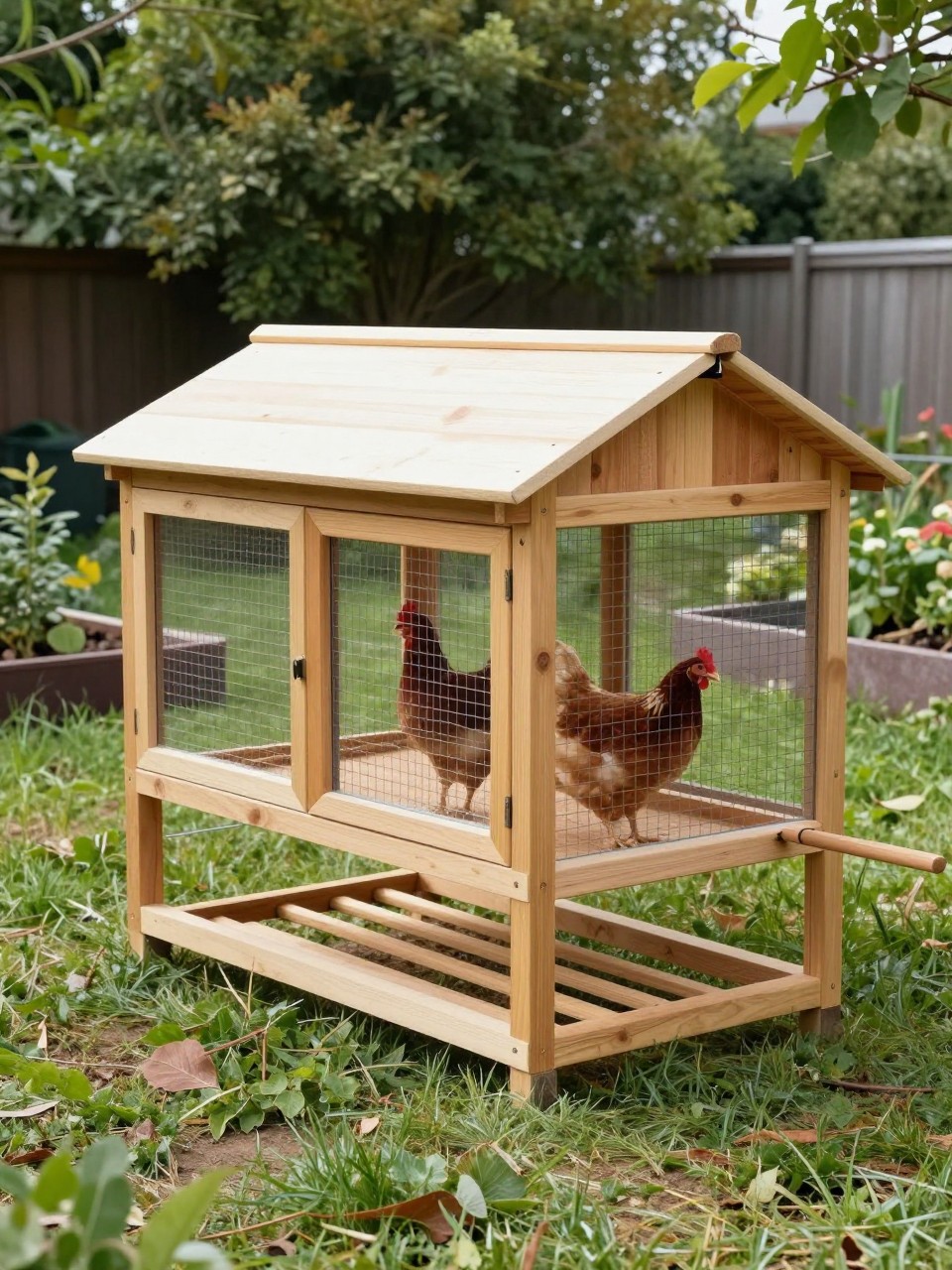 A realistic moveable chicken coop on wooden skids, small rectangular hen house with a sloped roof, secure wire run attached, long smooth wooden runners underneath, pull handle at the front, hens inside on grass, backyard with trees, garden beds, and a simple fence, practical farm-style DIY coop, natural daylight, no people, no text, (no watermarks on images).