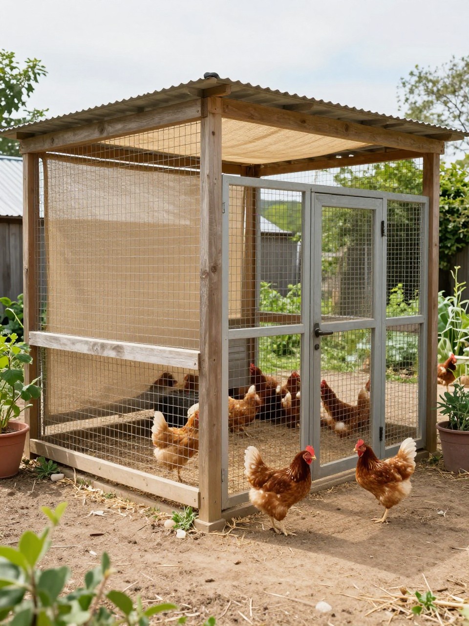 Image Prompt: A walk in chicken coop with a shaded run area, tall wooden and wire frame, tan shade cloth stretched over one side, metal roof over the sleeping area, full-height door, chickens resting in the shaded section, clean dirt and straw floor, backyard garden with shrubs and potted plants nearby, hot summer homestead setup, realistic daylight, no people, no text, no watermark.