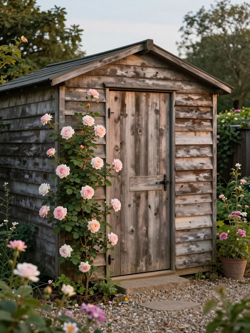 Image Prompt: A rustic backyard storage shed with weathered wood siding, climbing roses and jasmine growing around the door, gravel path, soft cottage flowers, warm evening light, romantic garden shed styling, realistic DSLR photo quality, no people, no watermarks on images.