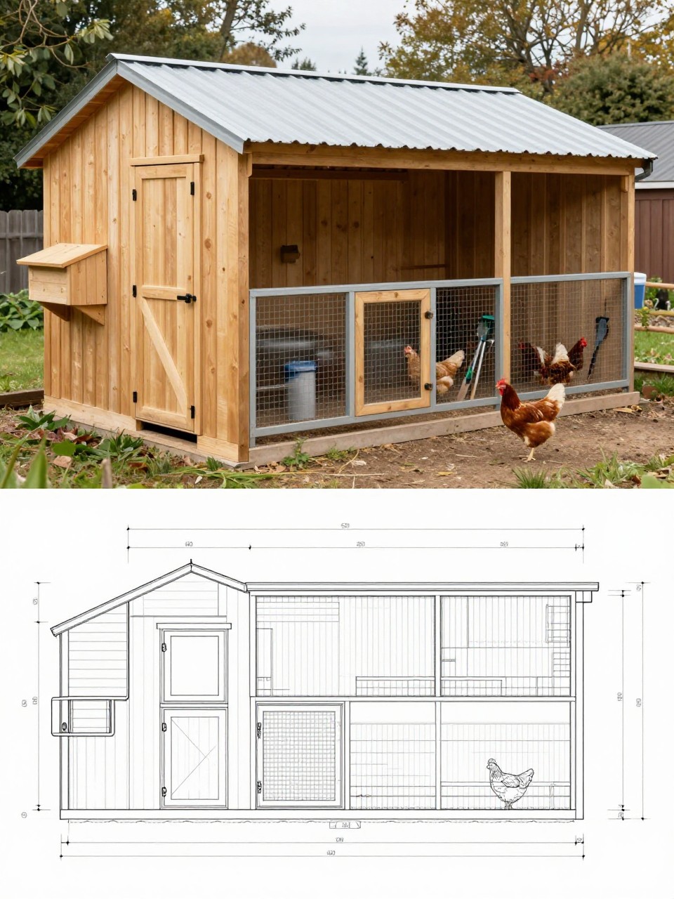 Image Prompt: A vertical 2-collage image. The top half shows a realistic large chicken coop with a separate built-in storage room, natural wood siding, two doors, one for the chicken area and one for storage, attached secure wire run, sloped metal roof, side nesting boxes, feed bins and garden tools stored neatly inside the storage section, chickens in the run, backyard homestead setting. The bottom half shows the matching blueprint-style plan with separate storage room layout, coop room layout, run dimensions, door placement, nesting box placement, roosting bar placement, and measured construction details. The two halves should clearly match. Realistic, organized, no people, no text, (no watermarks on images).