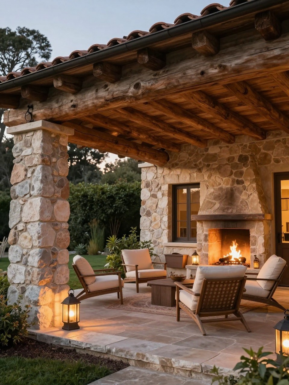 Image Prompt: A rustic patio roof attached to the house with chunky stone columns, exposed wooden ceiling beams, outdoor fireplace, cozy lounge chairs with cream cushions, natural stone floor, lantern lighting, warm evening atmosphere, no people, realistic DSLR garden photo, no text, no watermarks on images.
