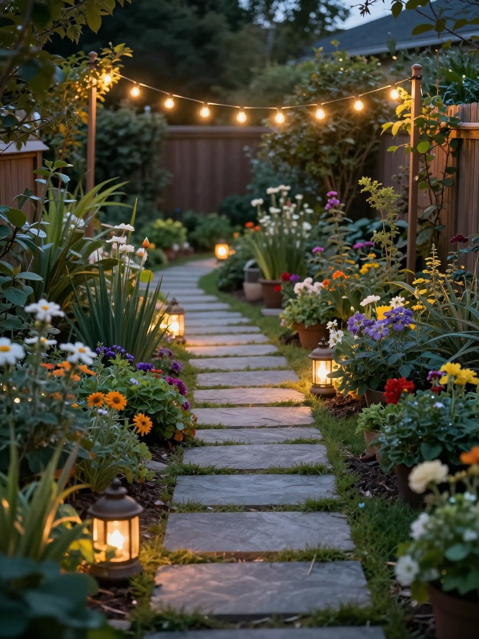 Image Prompt: A beautiful backyard garden path with warm string lights hanging low along posts beside the walkway, stone stepping path, flowers and greenery on both sides, cozy magical evening garden atmosphere, realistic DSLR photo quality, no people, no watermarks on images.
