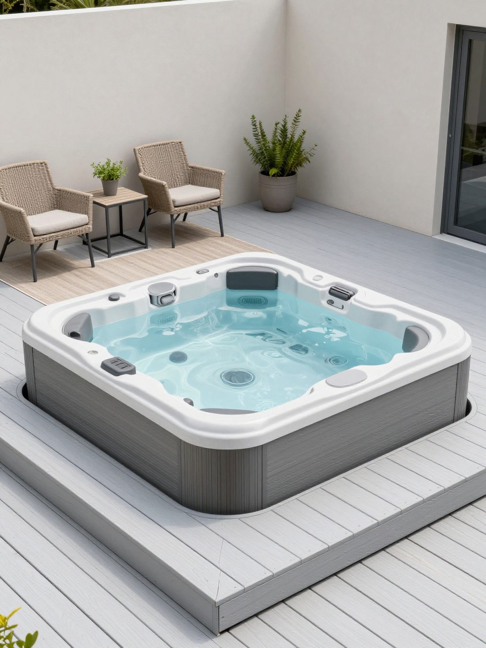 Image Prompt: A stylish budget hot tub patio with a hot tub set on a painted wood platform deck, light gray stain, simple outdoor rug, two woven chairs, side table, potted herbs, clean and cozy backyard setup, bright natural light, no people, realistic DSLR photo, no text, no watermarks on images.