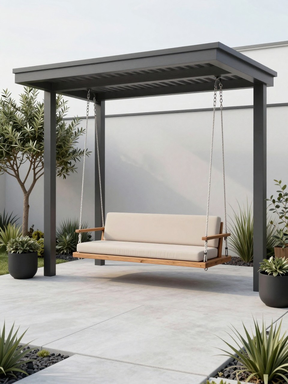 Image Prompt: A minimalist backyard swing under a sleek modern pergola, simple wooden swing seat, beige cushion, clean concrete patio, black planters, olive trees, ornamental grasses, premium uncluttered outdoor design, realistic DSLR photo quality, no people, no watermarks on images.