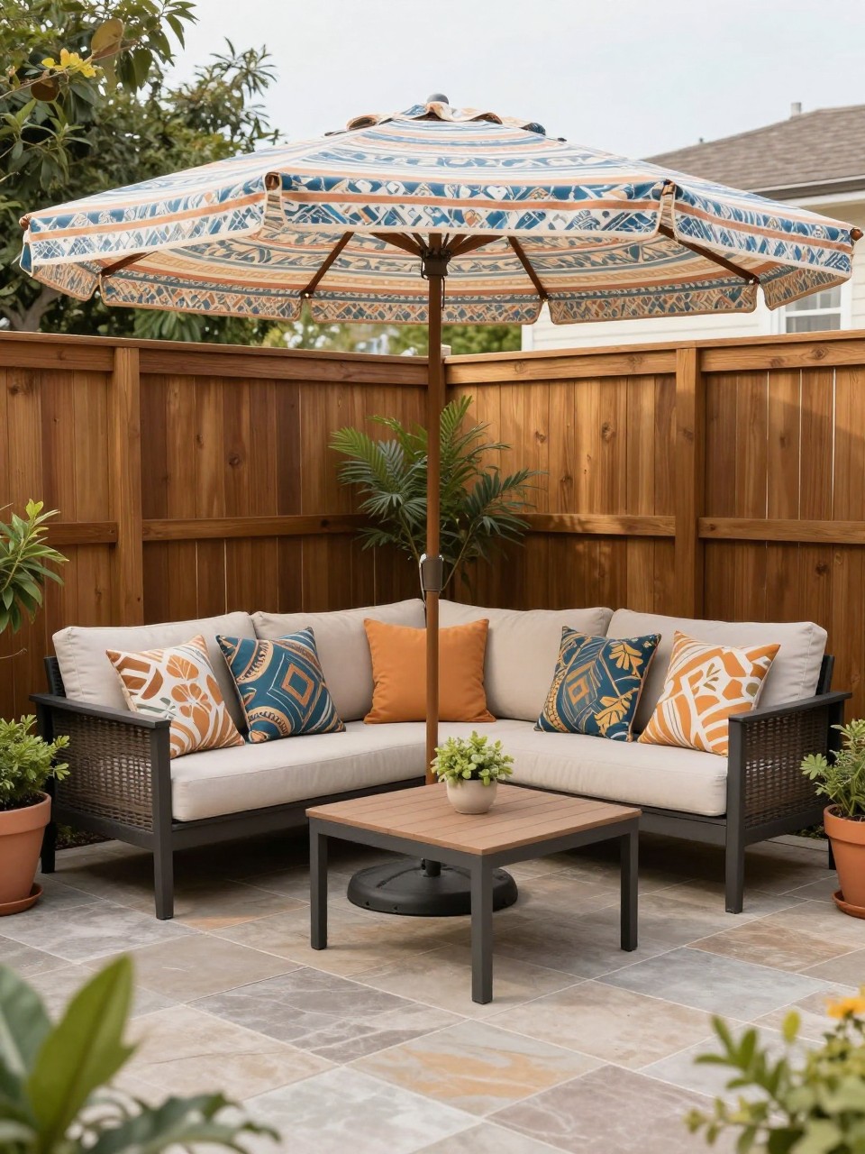 Image Prompt: A stylish backyard patio with a patterned patio umbrella over a seating area, matching throw cushions in similar colors, outdoor sofa, small coffee table, potted plants, warm wood fence, stone patio floor, cohesive and colorful outdoor decor, no people, realistic DSLR photo, no text, no watermarks on images.