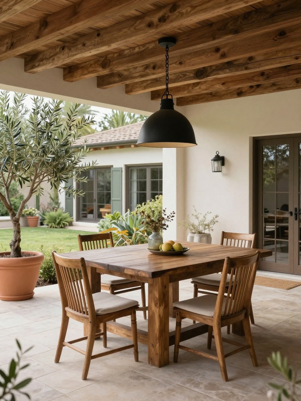 Image Prompt: A beautiful covered outdoor patio with a long rustic farmhouse dining table, mixed dining chairs, wood ceiling overhead, black pendant light, potted olive trees, light stone floor, soft natural light, relaxed and welcoming backyard entertaining space, no people, realistic DSLR image, no text, (no watermarks on images)