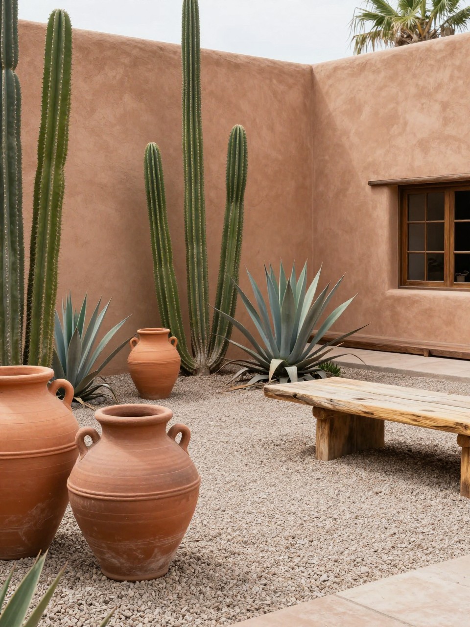 Image Prompt: A stylish Mexican desert patio with gravel ground, large terracotta and ceramic pots, tall cacti and agave plants, rustic wood bench, clay wall accents, warm natural light, earthy and minimal outdoor setting, no people, realistic DSLR garden photo, no text, (no watermarks on images)