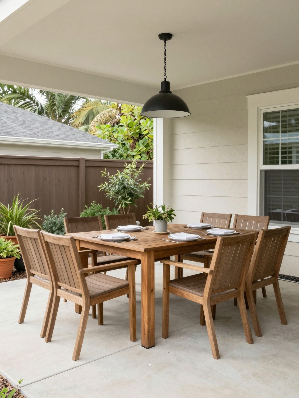 Image Prompt: A beautiful under deck patio with a wooden outdoor dining table and six chairs, clean concrete floor, simple black pendant light hanging from deck ceiling, potted plants along the wall, neutral table setting, shaded family backyard dining space, no people, realistic DSLR image, no text, no watermarks on images.