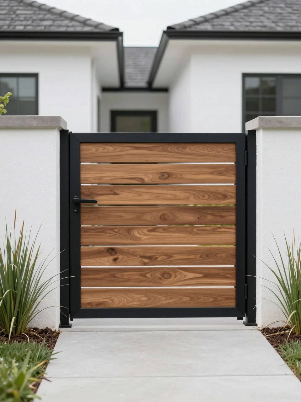 Image Prompt: A sleek modern backyard gate made from horizontal slatted wood, black metal frame, clean concrete path, ornamental grasses on both sides, white home exterior, premium contemporary garden design, realistic DSLR photo quality, no people, no watermarks on images.