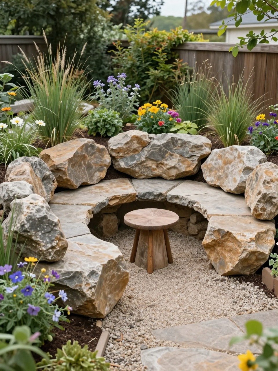 Image Prompt: A unique garden seating nook with large flat boulders used as natural bench-style seating, surrounding flowers, grasses, gravel ground, small side table, cozy rustic outdoor retreat, beautiful home garden design, realistic DSLR photo quality, no people, no watermarks on images.