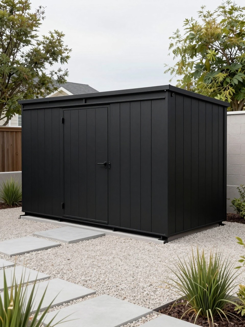 Image Prompt: A sleek modern backyard storage shed with matte black vertical siding, clean lines, slim door, pale gravel base, ornamental grasses, concrete stepping stones, contemporary garden design, premium outdoor styling, realistic DSLR photo quality, no people, no watermarks on images.