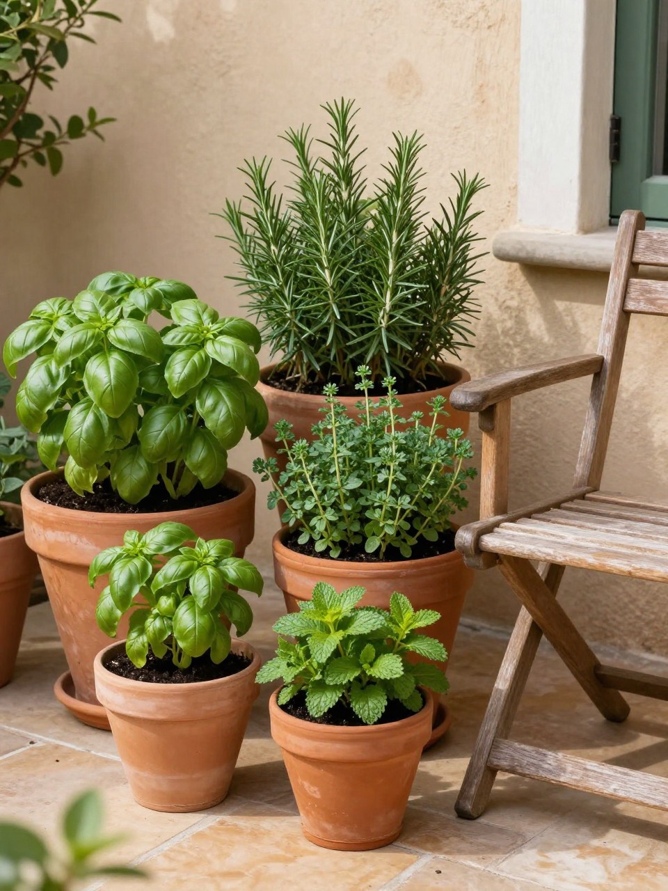 Image Prompt: A lovely patio herb garden corner with different-sized terracotta pots filled with basil, rosemary, thyme, parsley, and mint, arranged beside a wooden outdoor chair and small side table, warm stone patio floor, soft natural sunlight, cozy Mediterranean garden feel, realistic DSLR photo, editorial home and garden style, high detail, no people, no text, no watermarks on images.
