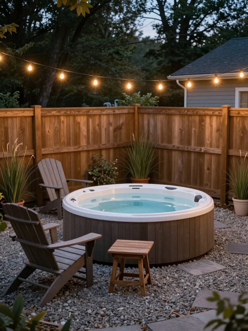 Image Prompt: A budget-friendly backyard hot tub patio with a round hot tub set on a neat pea gravel base, warm string lights overhead, two simple Adirondack chairs, small wooden side table, potted grasses, wood privacy fence, cozy evening glow, relaxed outdoor spa feel, no people, realistic DSLR photo, editorial home and garden style, high detail, no text, no watermarks on images.