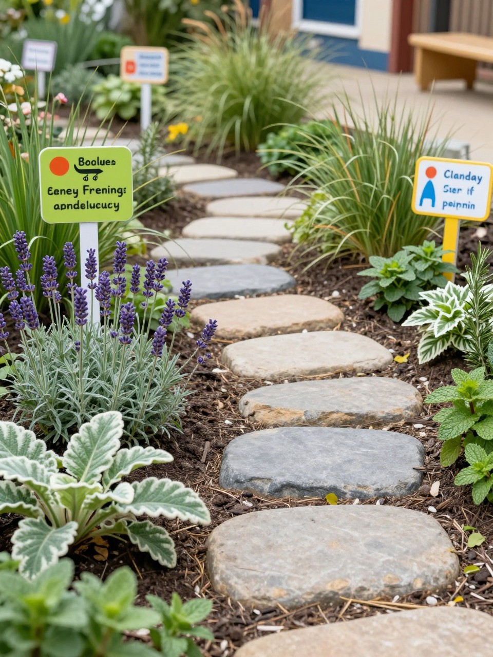 Image Prompt: A lovely school sensory garden with lavender, lamb’s ear, mint, rosemary, ornamental grasses, smooth stepping stones, child-friendly signs, calming and interactive layout, beautiful and educational outdoor space, realistic DSLR photo quality, no watermarks on images.