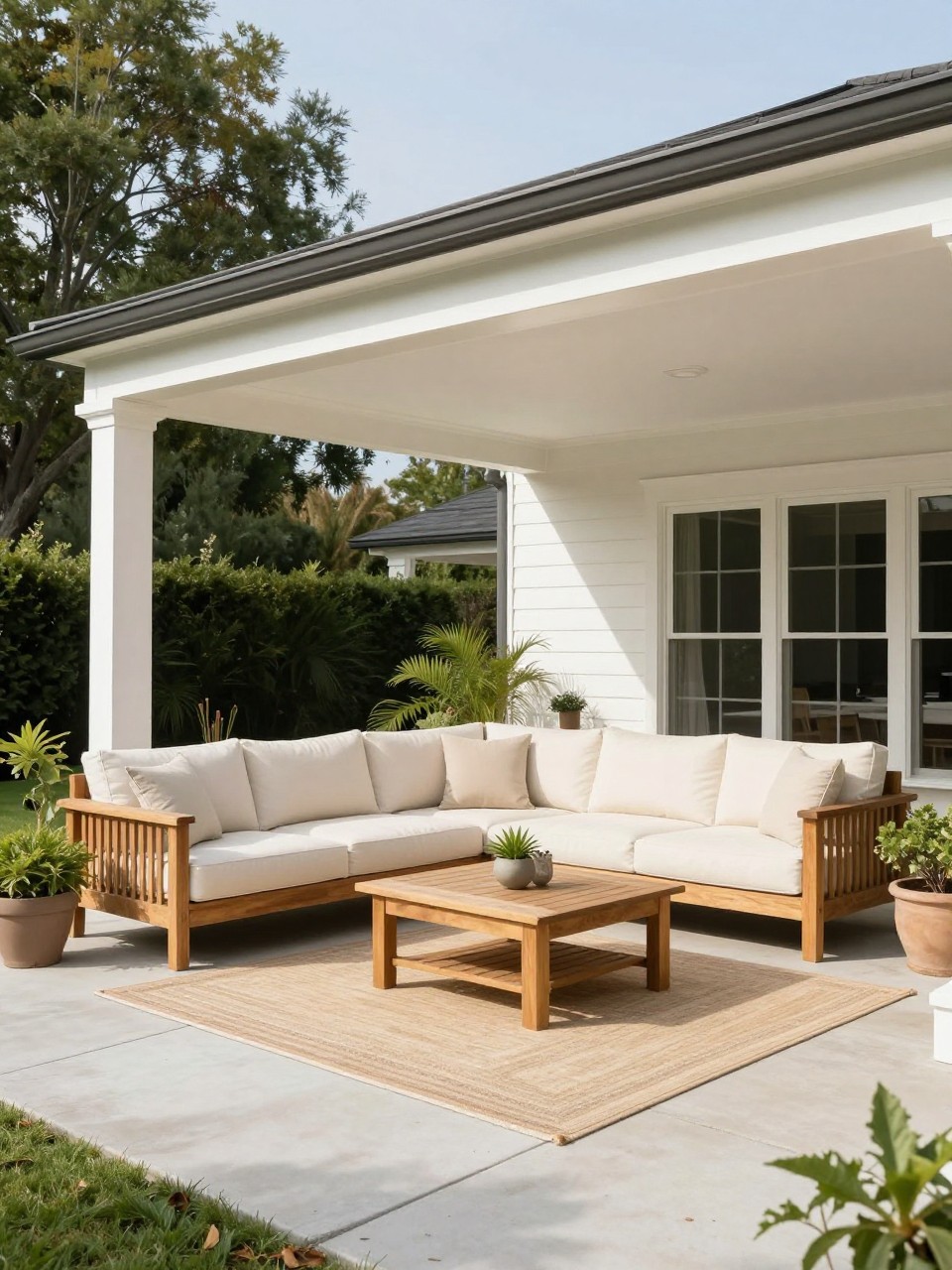 Image Prompt: A beautiful backyard patio with a classic flat roof attached directly to the house, crisp white ceiling, slim square support posts, outdoor sectional sofa with cream cushions, low wooden coffee table, large outdoor rug, potted greenery, clean concrete patio floor, bright natural daylight, polished family backyard setting, no people, realistic DSLR photo, editorial home and garden style, high detail, no text, no watermarks on images.