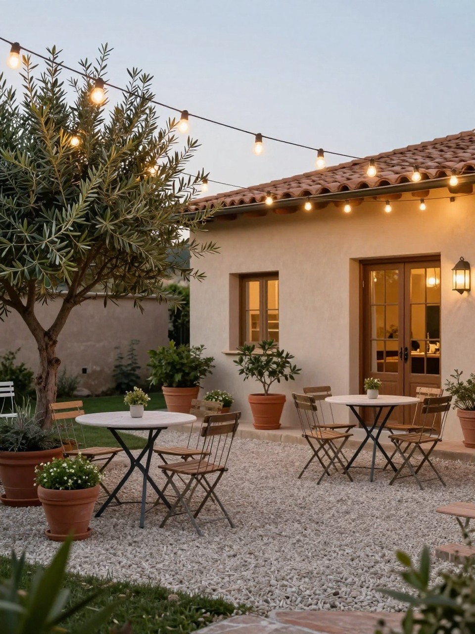 Image Prompt: A charming backyard gravel patio with cafe-style string lights overhead, small bistro table and chairs, terracotta pots, olive tree, herbs, warm neutral home exterior, relaxed Mediterranean-inspired evening setting, realistic DSLR photo quality, no people, no watermarks on images.