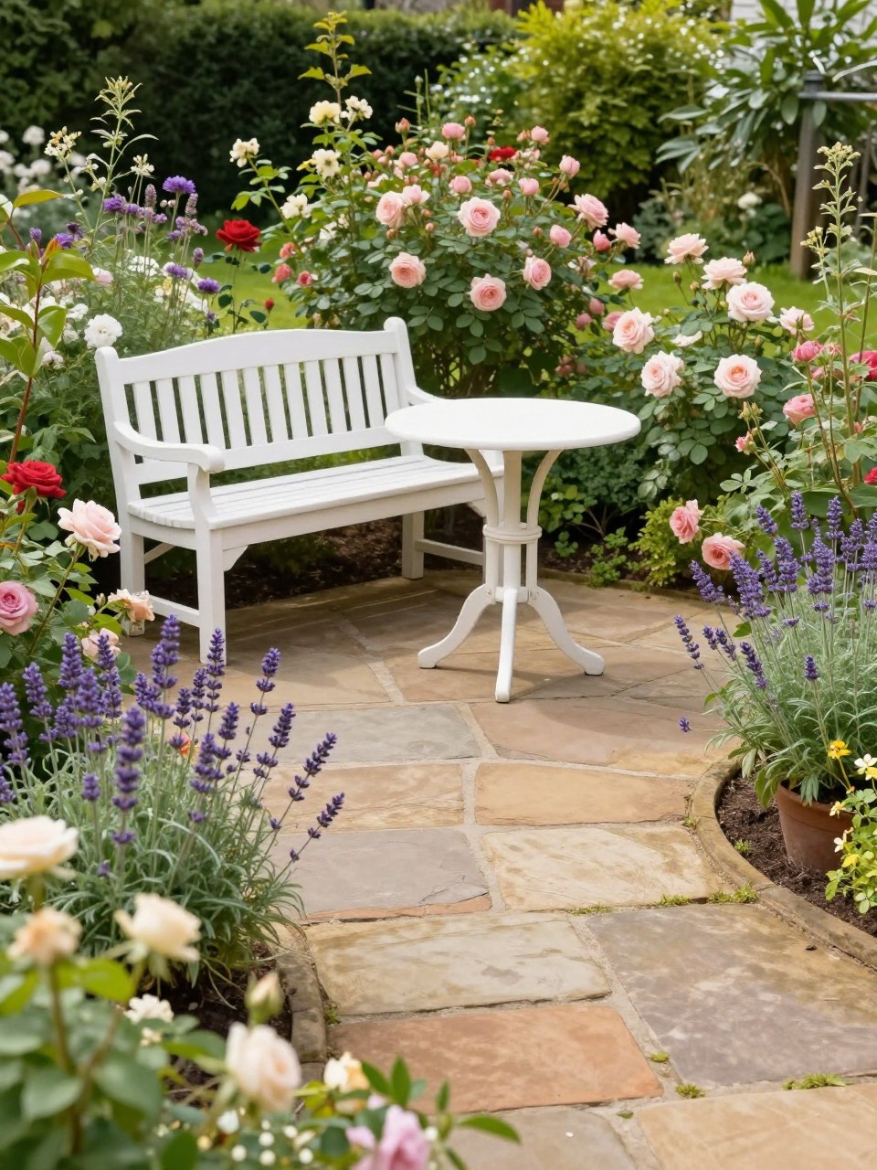 Image Prompt: A charming cottage-style flagstone patio surrounded by overflowing flower beds, irregular warm-toned flagstones, white wooden bench, small round cafe table, roses, lavender, and soft greenery around the edges, dreamy garden setting, bright natural light, no people, realistic DSLR image, no text, no watermarks on images.