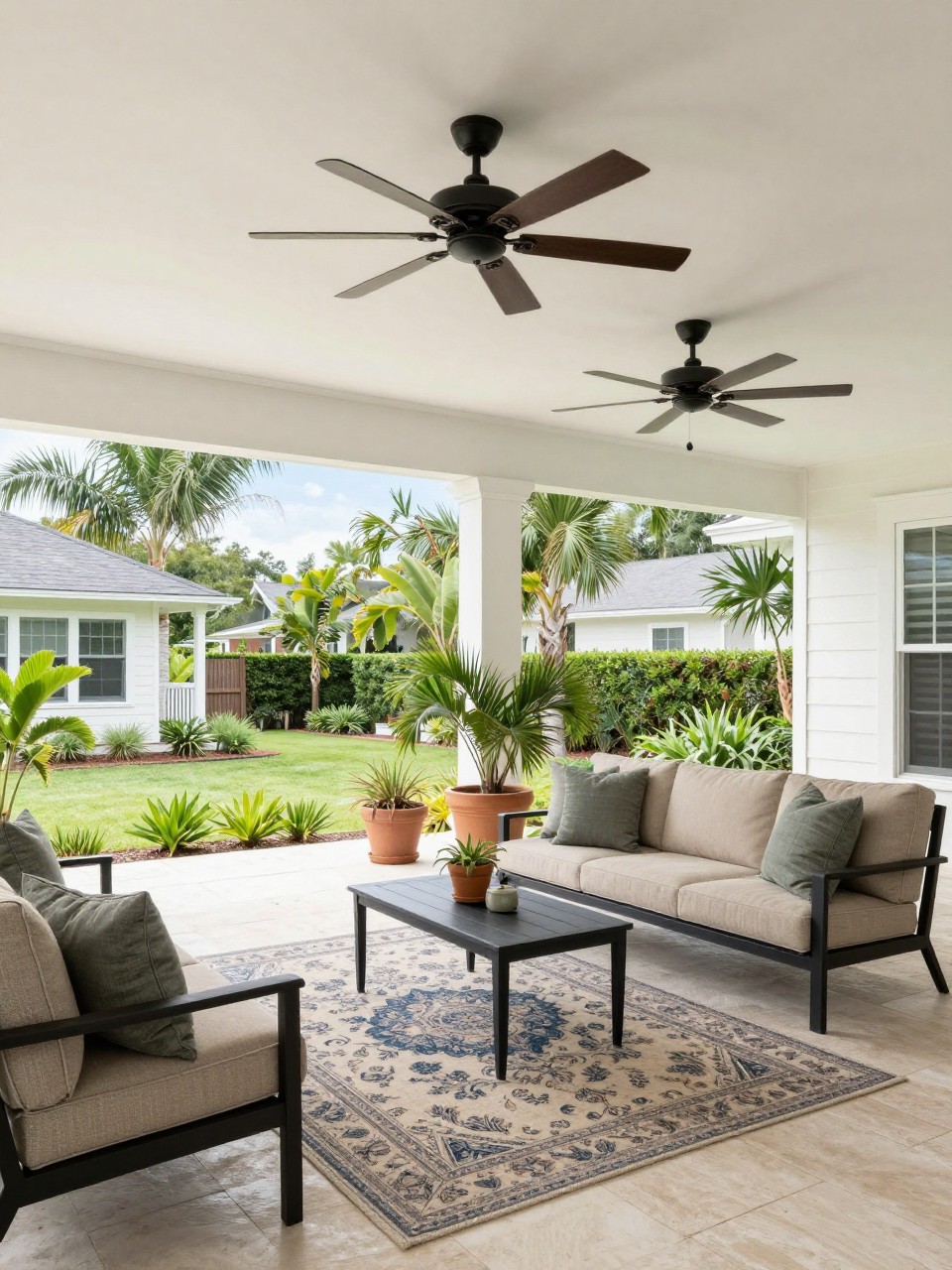 Image Prompt: A breezy covered patio attached to the house with two black ceiling fans, white painted ceiling, outdoor sofa and chairs, large patterned outdoor rug, potted palms, light stone floor, open backyard view, bright airy outdoor room, no people, realistic DSLR photo, no text, no watermarks on images.
