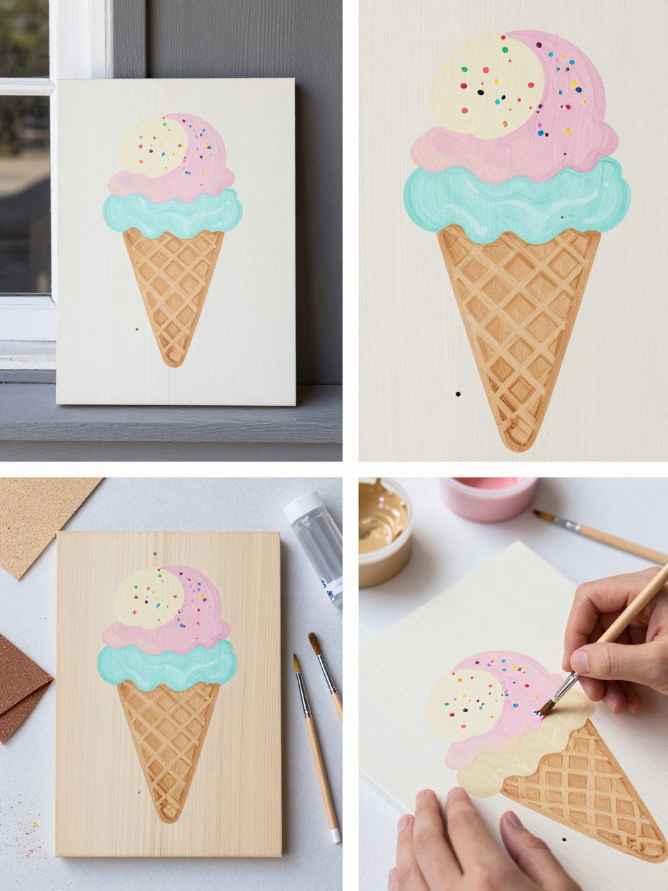 A realistic editorial 2x2 collage grid showing a DIY ice cream cone wooden summer sign, top-left finished small wood sign with pastel ice cream cones, waffle cone details, sprinkles, and drip marks on a porch shelf, top-right close-up of pastel scoops, cone lines, and tiny sprinkle dots, bottom-left flat lay of wood board, pastel paint, tan paint, fine brushes, pencil, sandpaper, and clear sealer, bottom-right cropped hands painting sprinkle details onto a scoop, fun summer craft table styling, no faces, no text, no watermark on images.