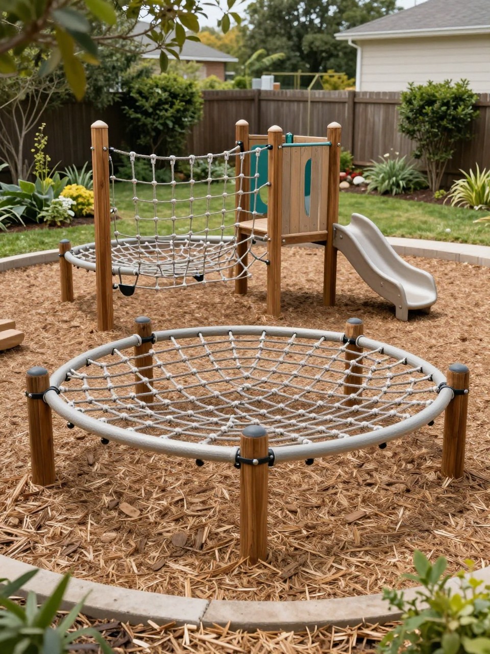 Image Prompt: A backyard adventure play area with a low rope net climbing frame, wooden posts, soft mulch base, simple natural garden border, active and safe kids playground design, realistic DSLR photo quality, no people, no watermarks on images.
