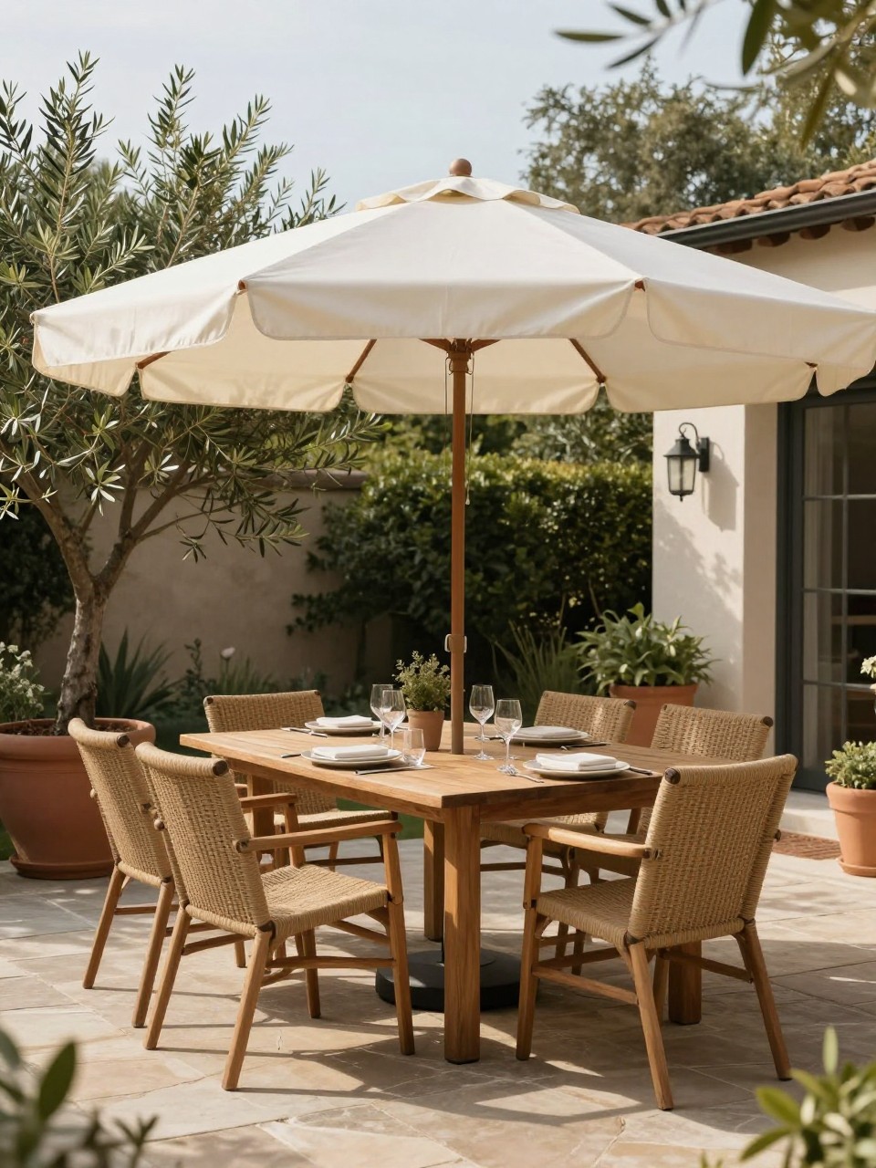 Image Prompt: A stylish backyard patio with a classic cream market umbrella placed through the center of a wooden outdoor dining table, six woven dining chairs, stone paver floor, potted olive trees, simple table setting, warm afternoon light, elegant and relaxed family outdoor dining space, no people, realistic DSLR photo, editorial home and garden style, high detail, no text, no watermarks on images.