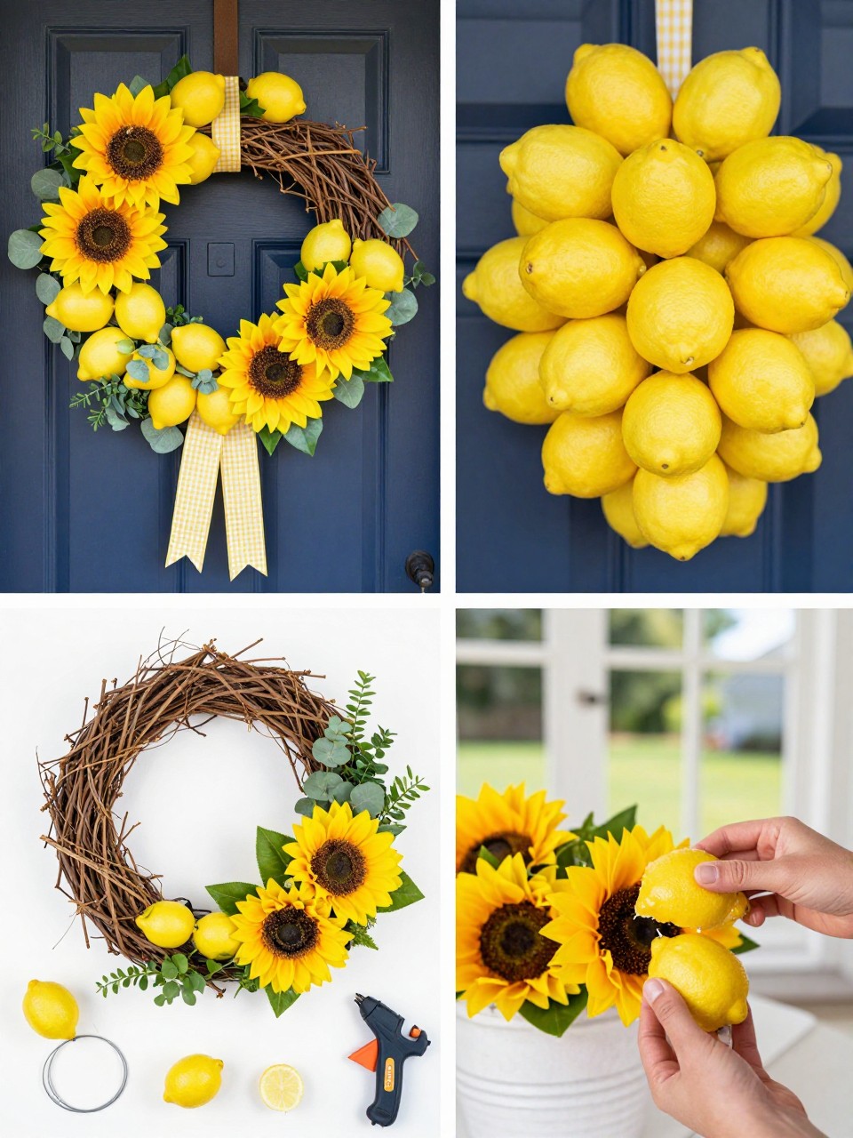 A realistic editorial 2x2 collage grid showing a bright lemon and sunflower summer wreath, top-left finished wreath on a navy front door with faux lemons, large sunflowers, eucalyptus leaves, and yellow gingham ribbon, top-right close-up of lemon clusters and sunflower centers, bottom-left flat lay of grapevine wreath base, faux lemons, sunflower stems, greenery, ribbon, floral wire, wire cutters, and hot glue gun, bottom-right cropped hands gluing lemons between sunflower blooms, sunny farmhouse porch styling, no faces, no text, no watermark on images.